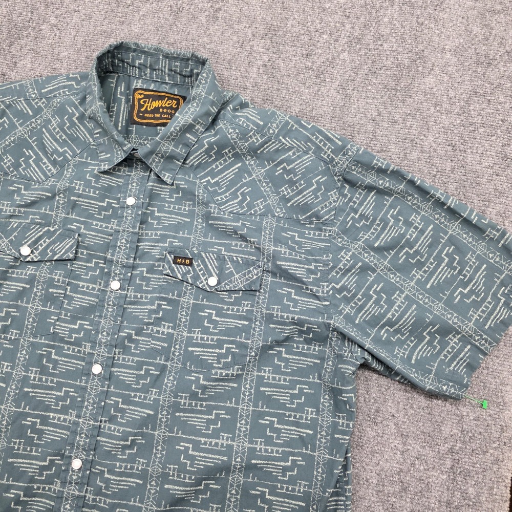 Howler Brothers Mens XL H Bar B Pearl Snap Western Short Sleeve Blue Geometric